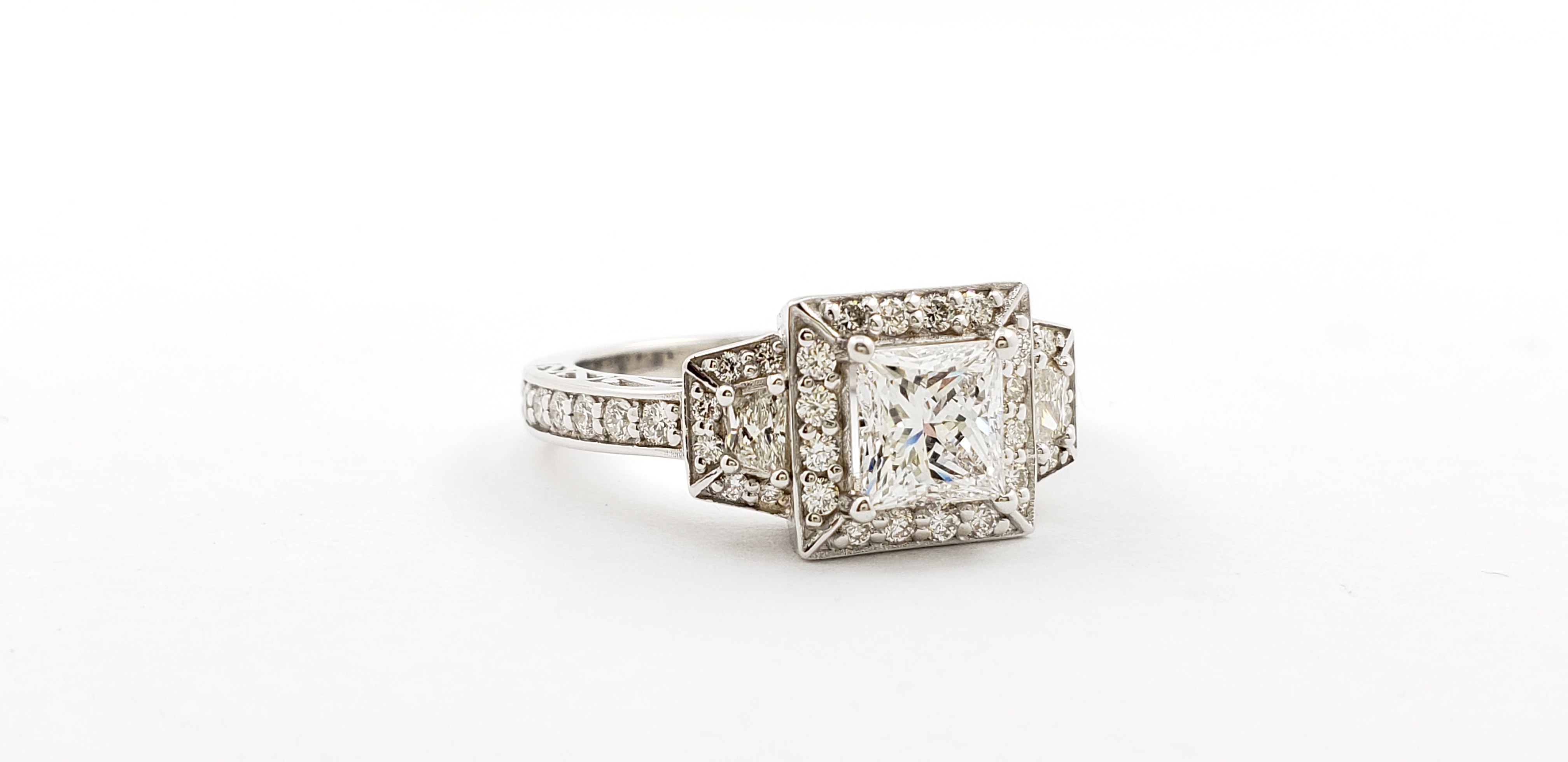Three Stone Princess Cut Diamond Halo Ring